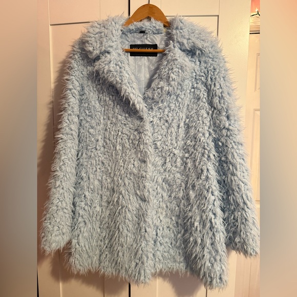Guess Los Angeles Powder Blue Faux fur teddy coat. Size large. - Picture 1 of 16